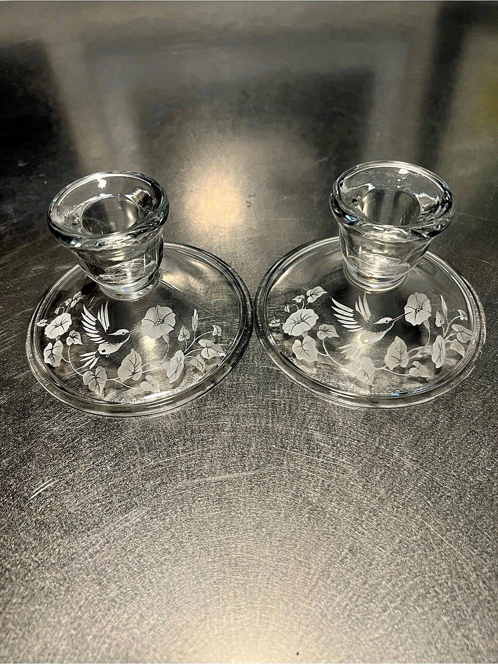 Avon Hummingbird Etched Crystal Taper Candle Holder Set